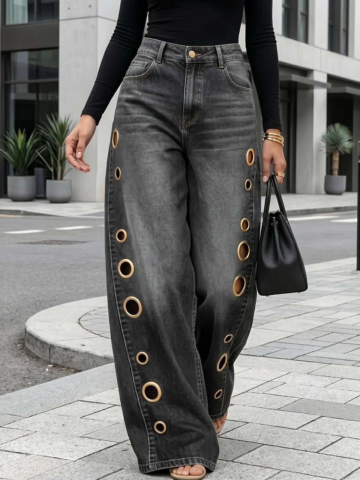 Retro Wide-Leg Jeans with Metallic Eyelets