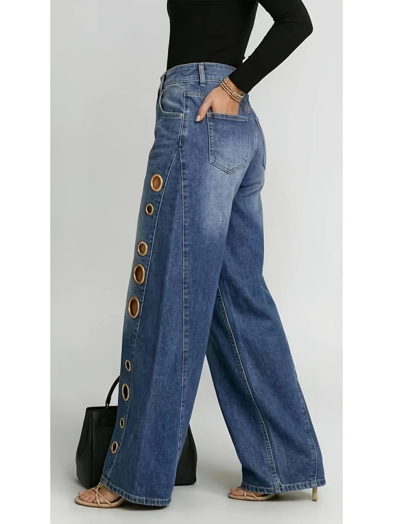 Retro Wide-Leg Jeans with Metallic Eyelets