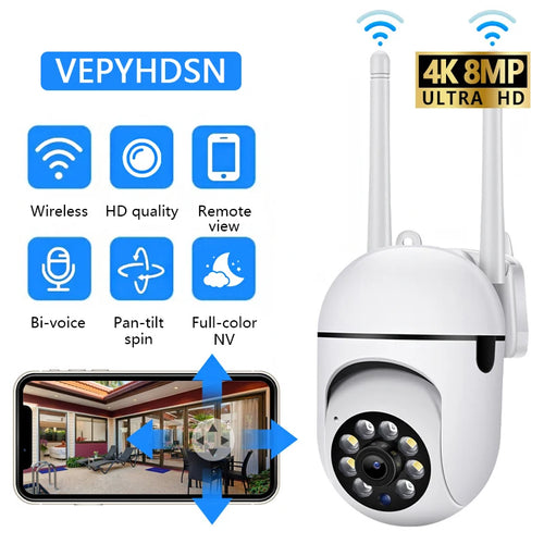 Cámara de seguridad PTZ WiFi de 8MP: zoom 4X, visión nocturna y audio bidireccional