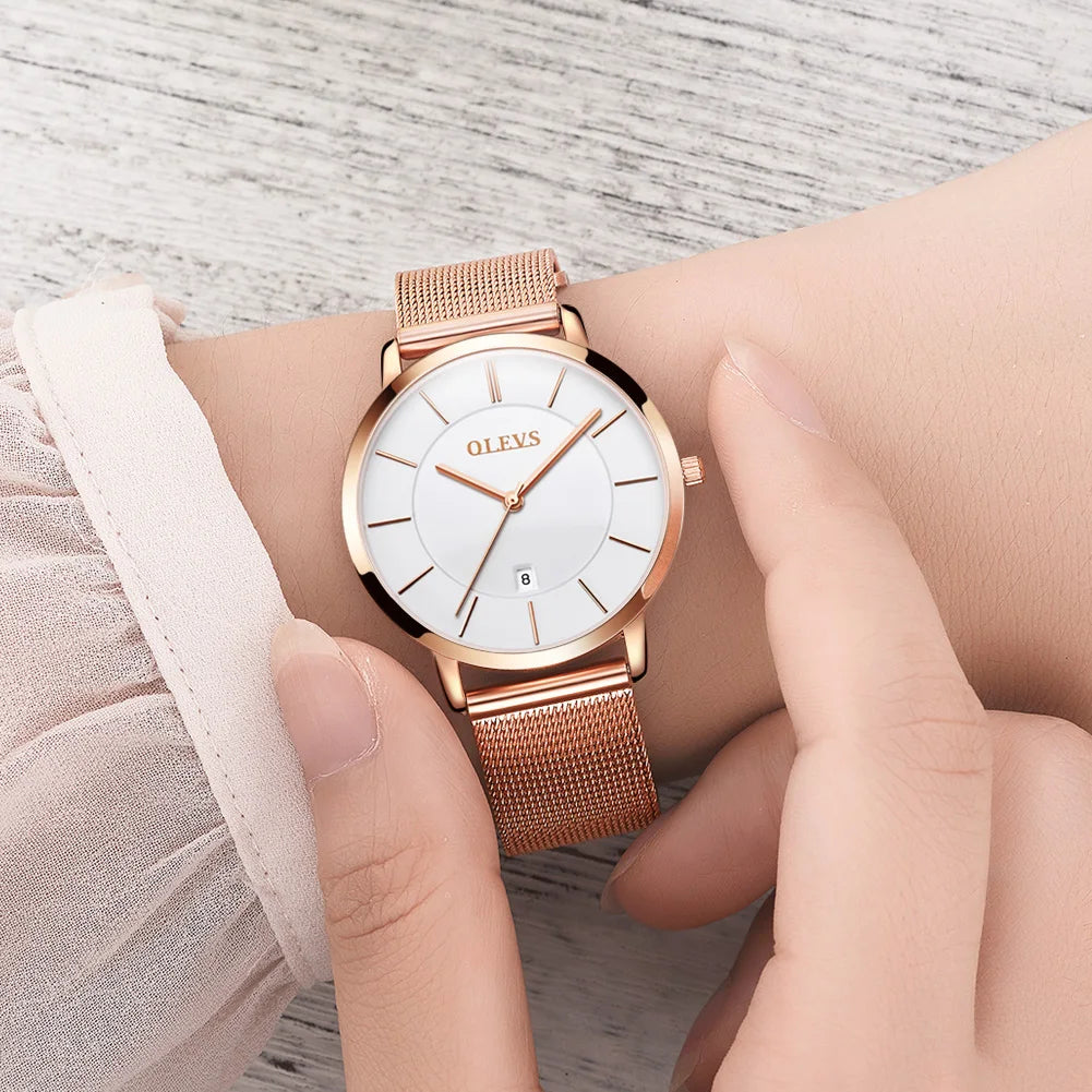 OLEVS 6898 Women's Luxury Quartz Watch | Ultra-Slim 28mm | Luminous | Stainless Steel | Gift Box