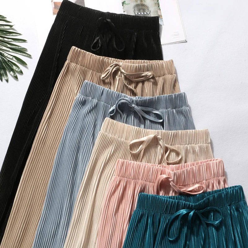 2025 Women's Pleated Loose Ice Silk Korean Casual Cropped Pants Wide Leg Trouse Home Classic Sports Wear Girls Clothes Black Top