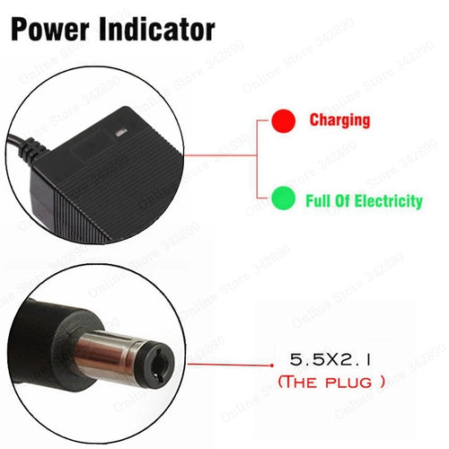 Cargador de batería de litio de 36 V — Salida de 42 V 2 A, entrada universal de 100-240 V