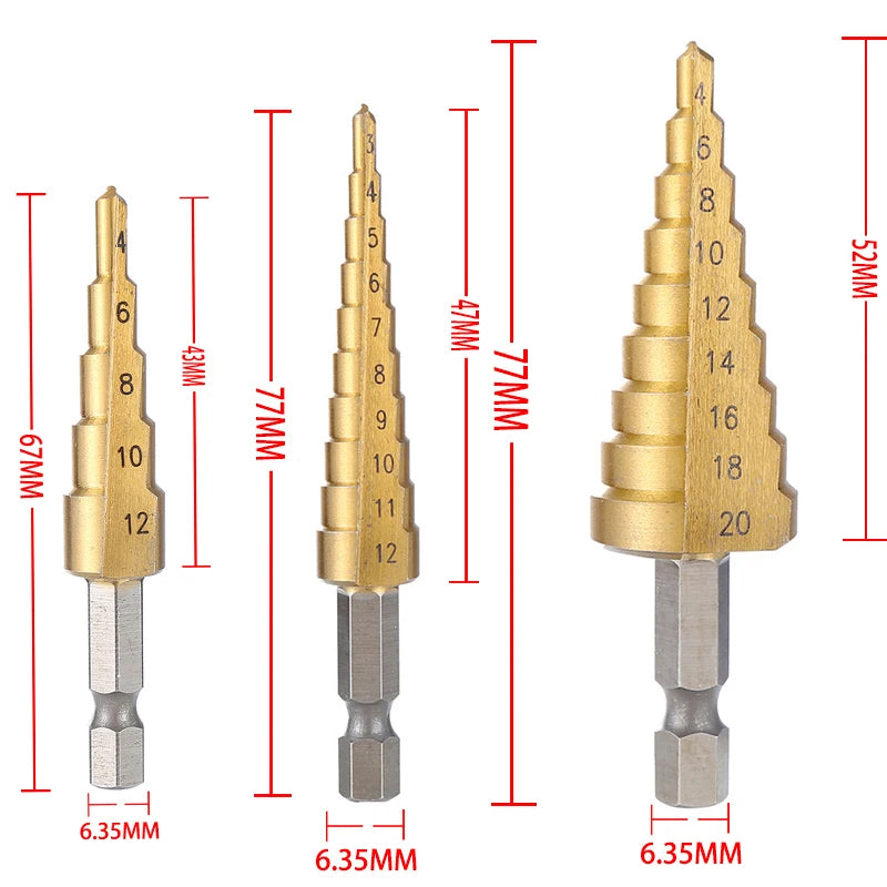 HSS Titanium Step Drill Bit Set – High Speed Steel, Metal & Wood Hole Cutter