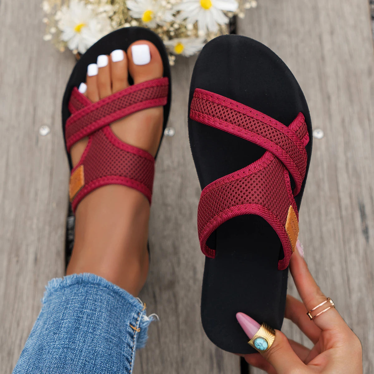 Sandalias deportivas de malla transpirable para mujer – Chanclas planas para interior y exterior