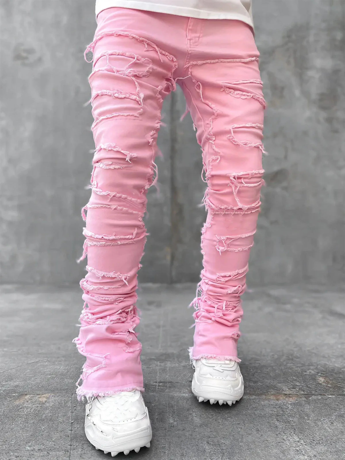 Unisex Stacked Ripped Distressed Slim Jeans