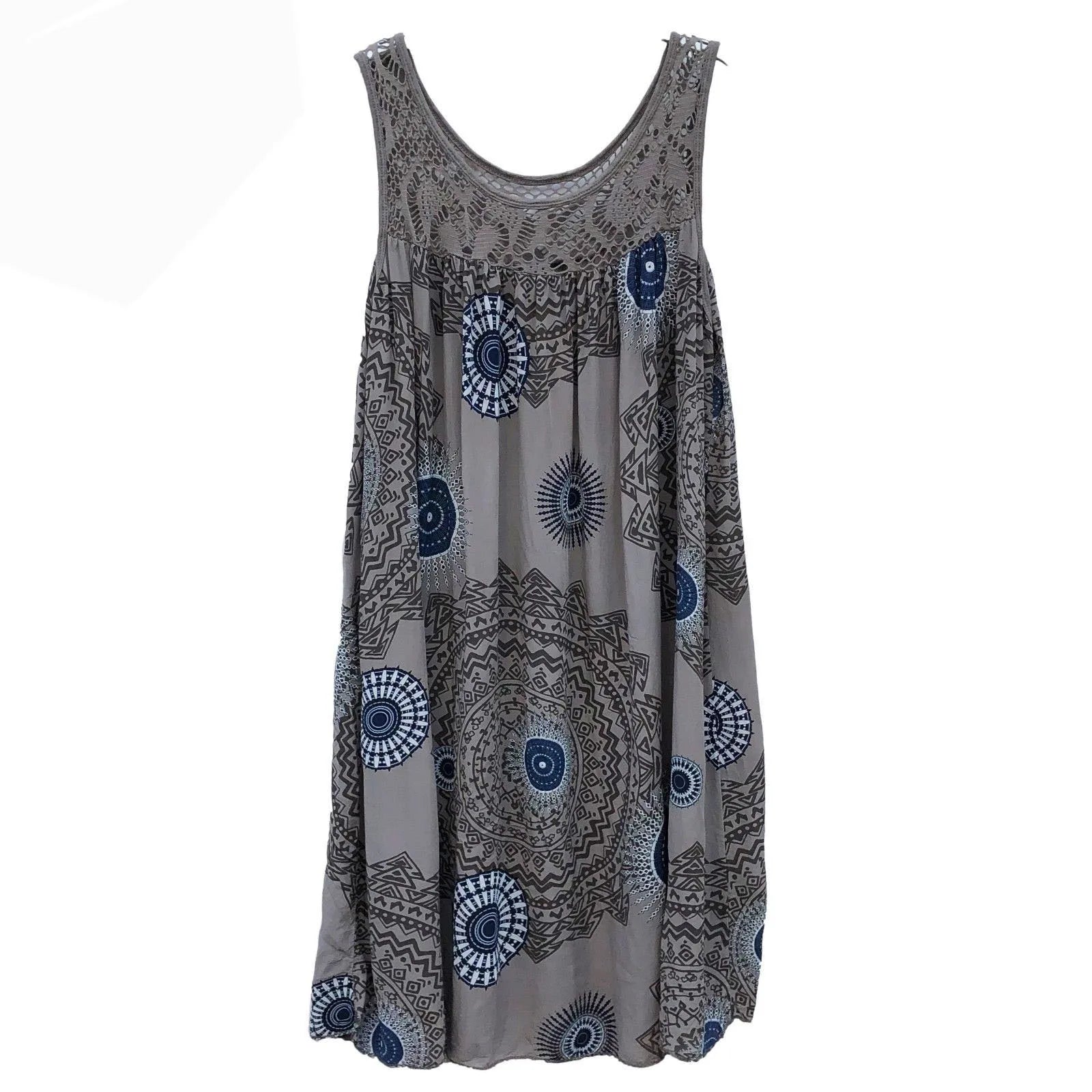 Women's Plus Size Boho Print Swing Dress – Lace Crochet Neck Sleeveless Camisole