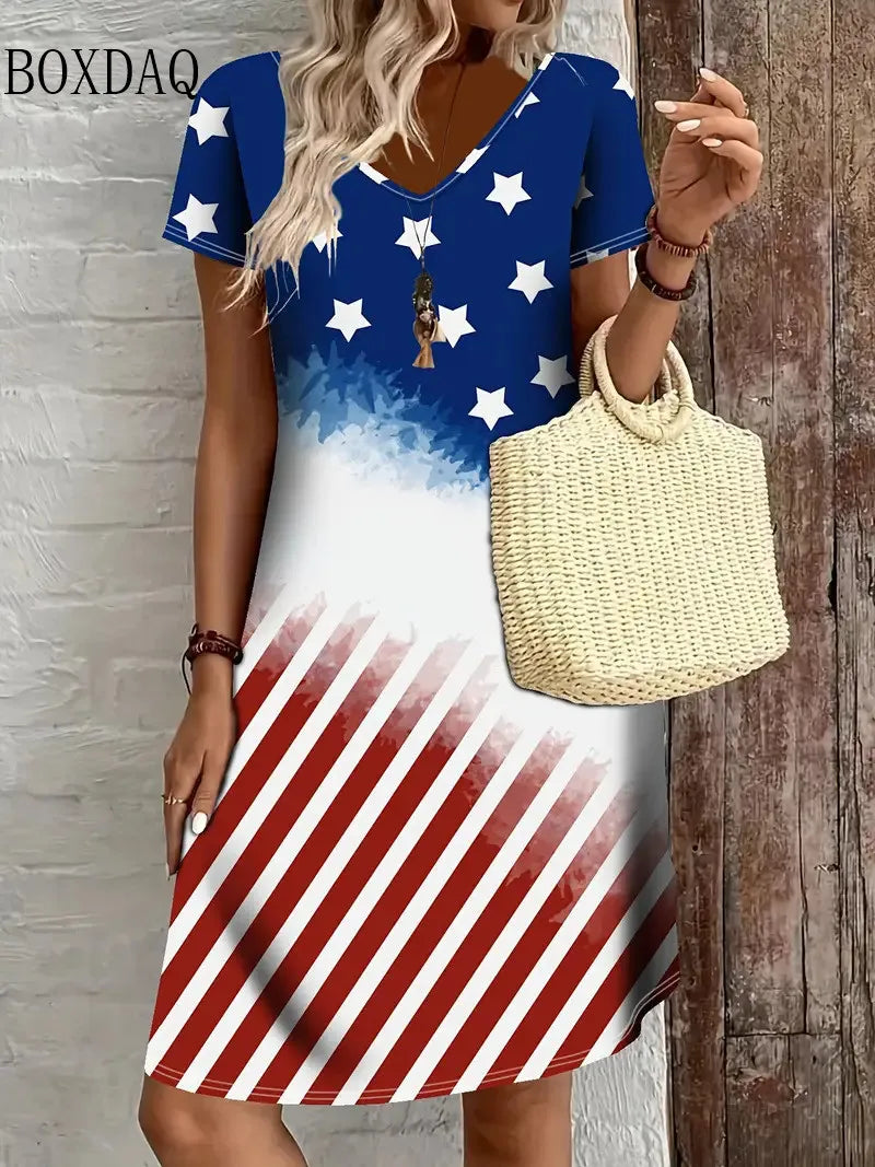 Women's 3D Floral Print Short Sleeve V-Neck A-Line Dress