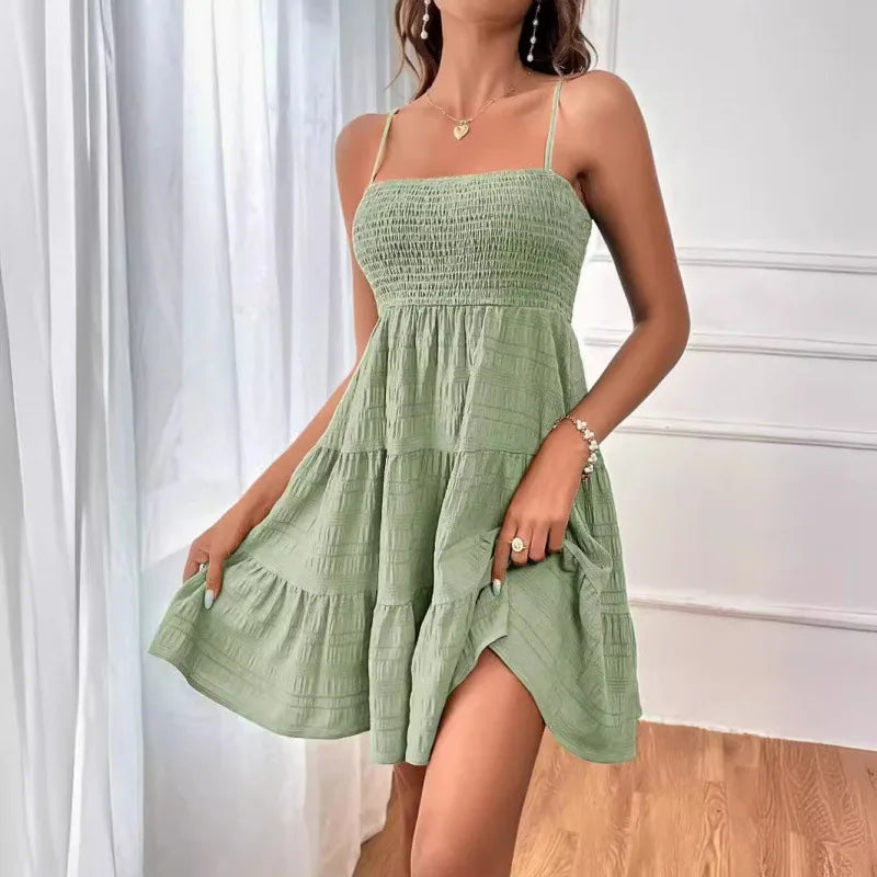 Women's Smocked Bustier Spaghetti Strap Tiered Mini Dress