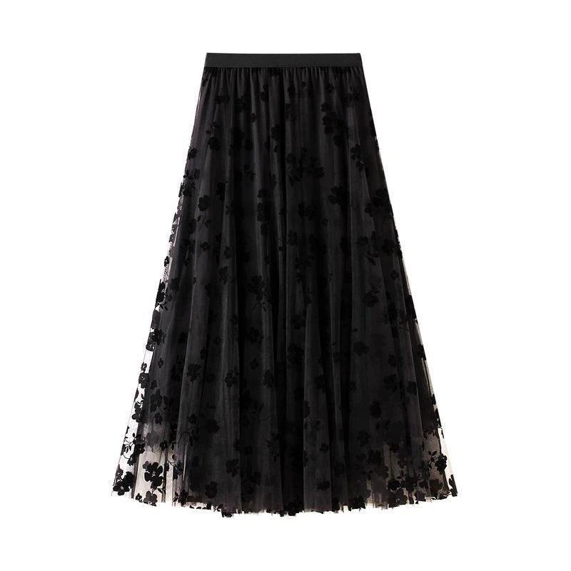 Floral Flocked Tulle Pleated Midi Skirt