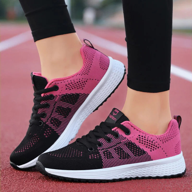 Women's Breathable Mesh Lace-Up Sneakers – Lightweight Flat Walking Shoes