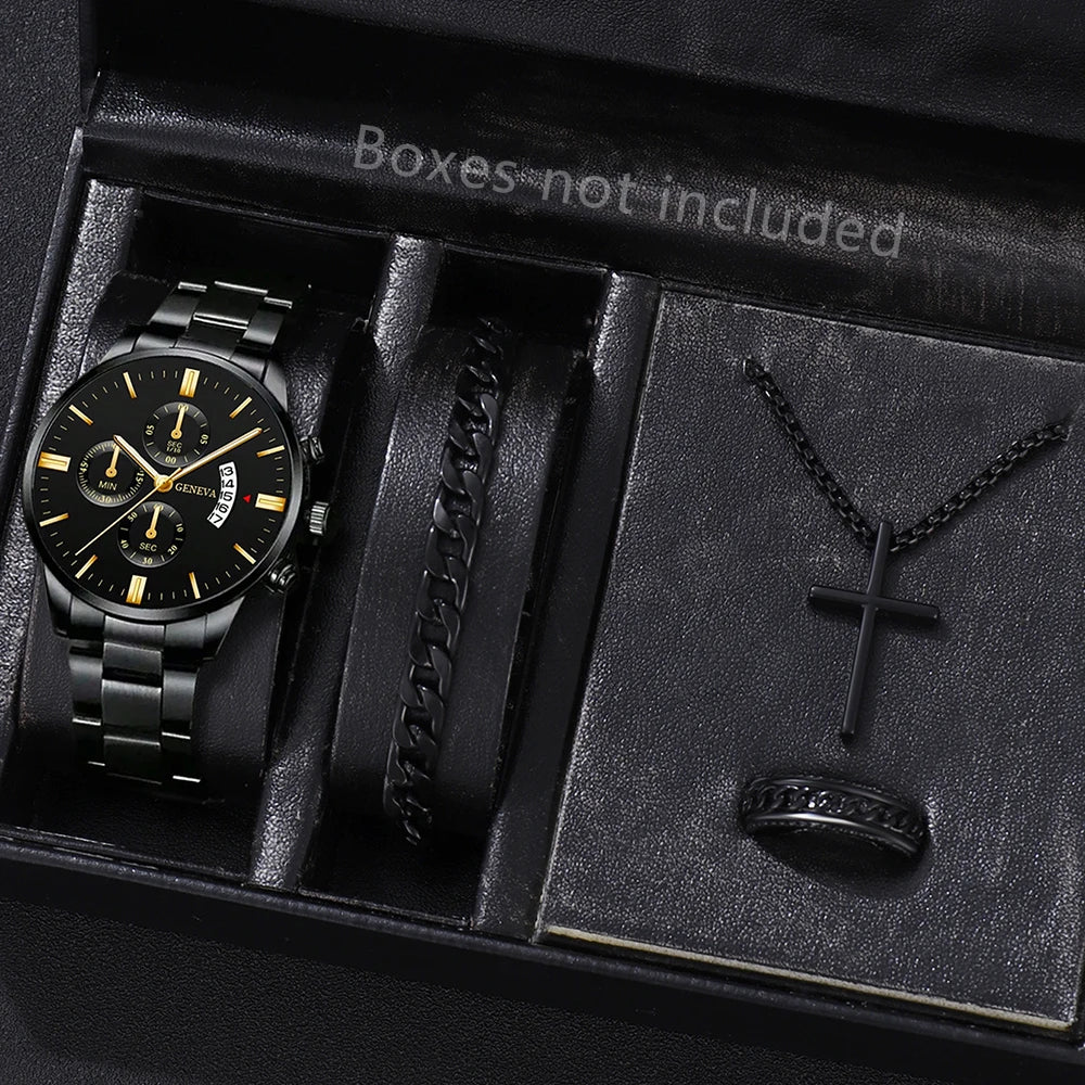 Men's Quartz Watch & Bracelet Gift Set – Calendar Chronograph-Style Dial