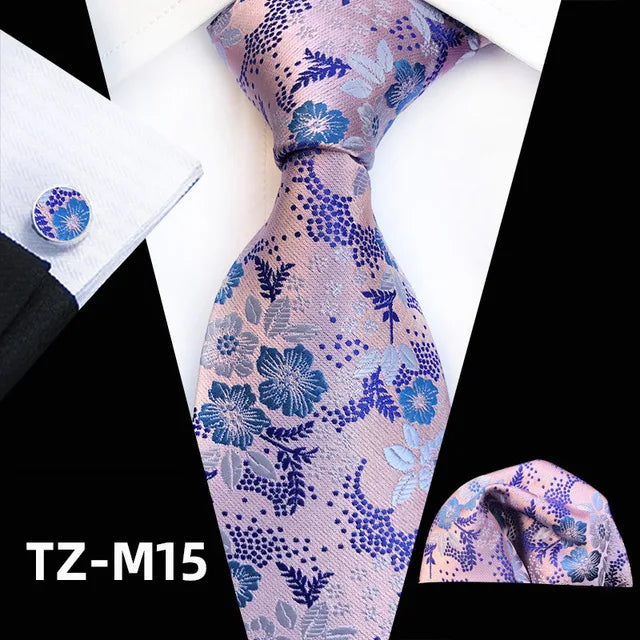 Floral Silk Necktie, Pocket Square & Cufflinks Set – Multiple Colors