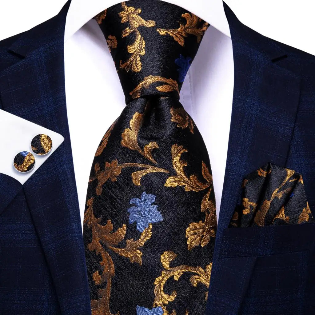 Floral Necktie Set for Men — Tie, Pocket Square & Cufflinks
