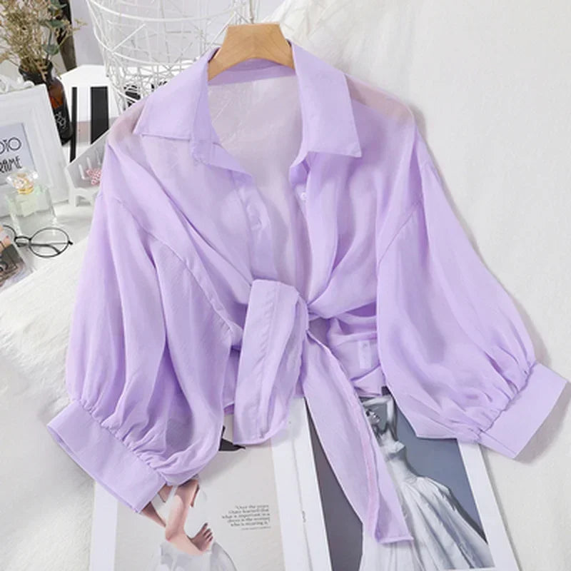 Women's Tied Waist Blouse - Bat Sleeve Button Front (S-XXL)