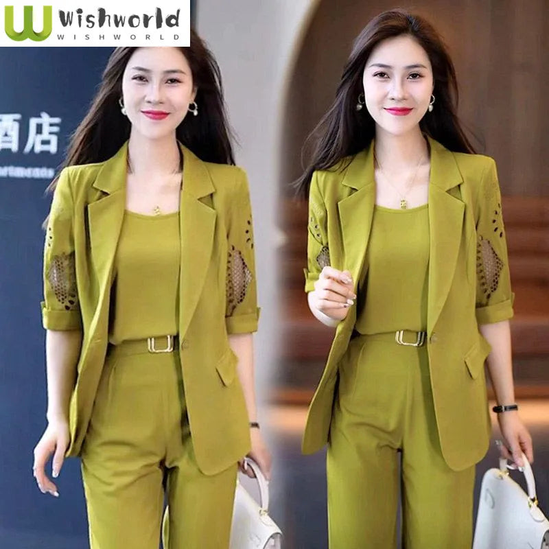 Women's 3-Piece Vintage Hollow Jacket Suit Set – Jacket, Tank Top & Pants