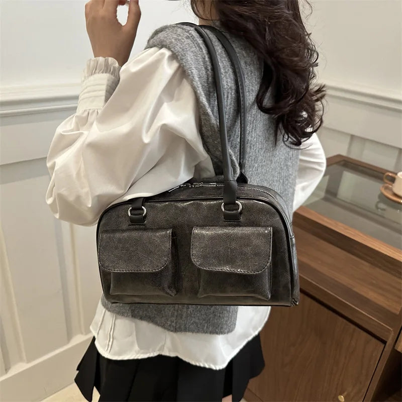 Women's Vintage Business Shoulder Bag — PU Leather Baguette Commute Tote