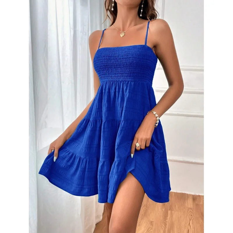 Women's Smocked Bustier Spaghetti Strap Tiered Mini Dress