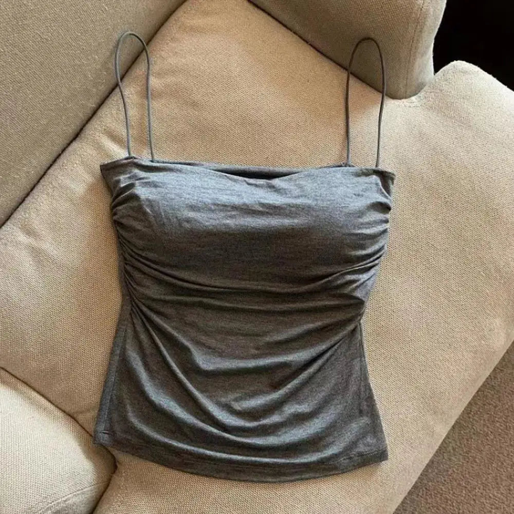 Women's Y2K Spaghetti Strap Cami Top | Built-In Bra Bodycon Sleeveless Crop Top One Size