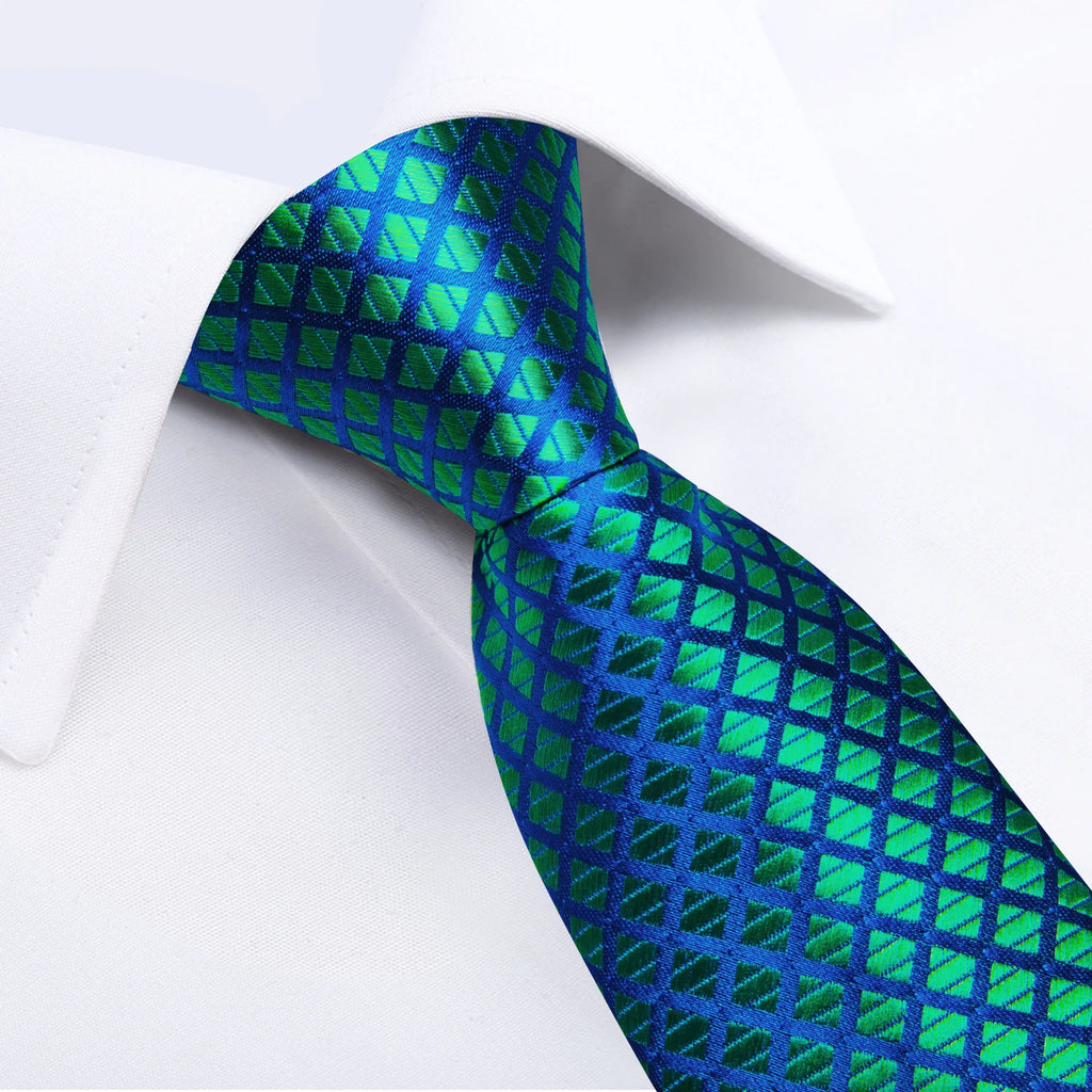 Plaid Jacquard Necktie, Pocket Square & Cufflinks Set – Blue & Green
