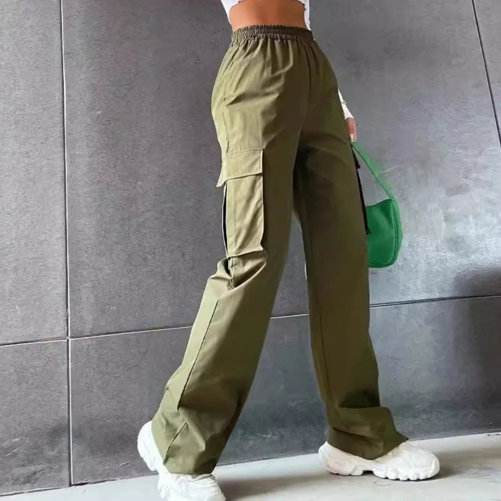 Pantalones de chándal anchos de moda para mujer, informales, de viaje, elegantes, rectos, tipo cargo, de cintura alta elástica, holgados y elegantes.