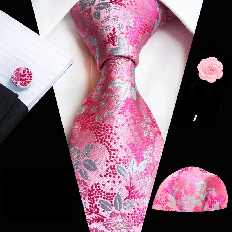 Floral Silk Necktie, Pocket Square & Cufflinks Set – Multiple Colors