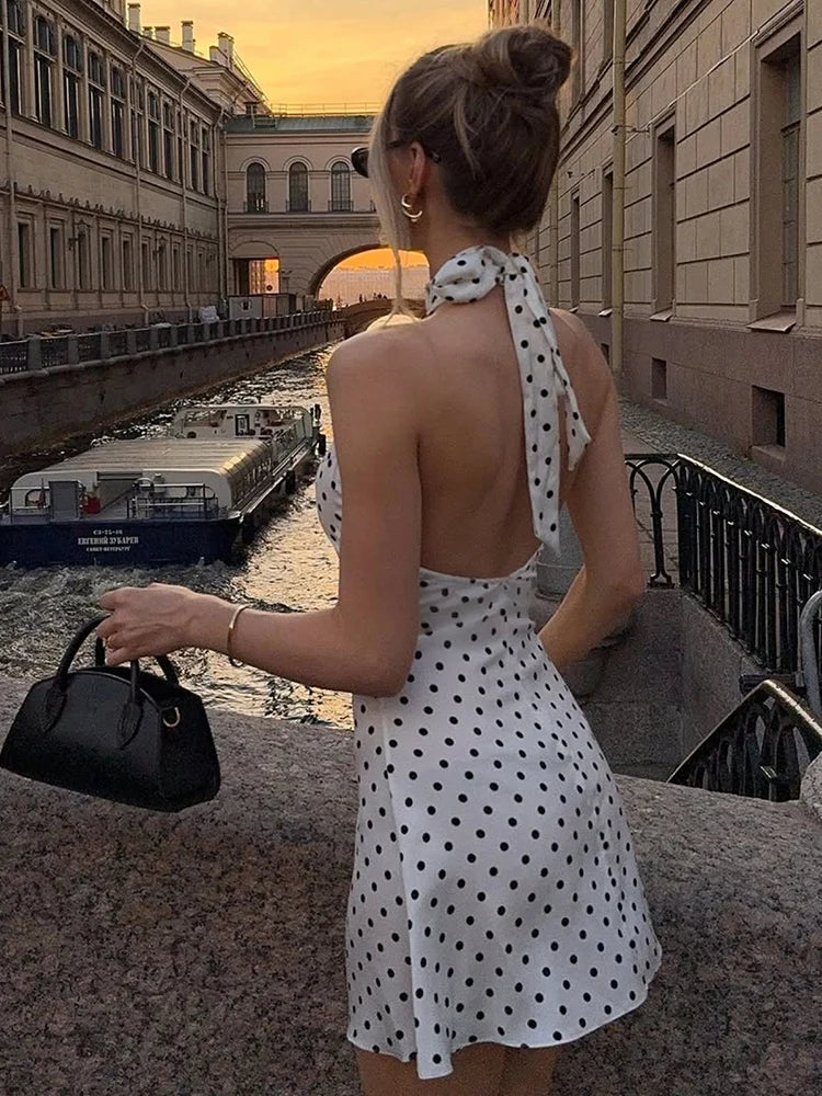 Women's Polka Dot Halter Mini Dress | Backless Off-Shoulder Y2K Summer Club Dress S-XL
