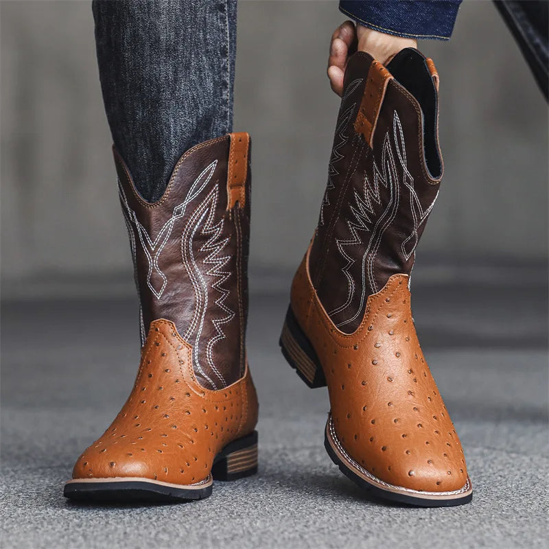 Men's Retro Slip-On Cowboy Boots – Wide Square Toe Embroidery Mid-Calf