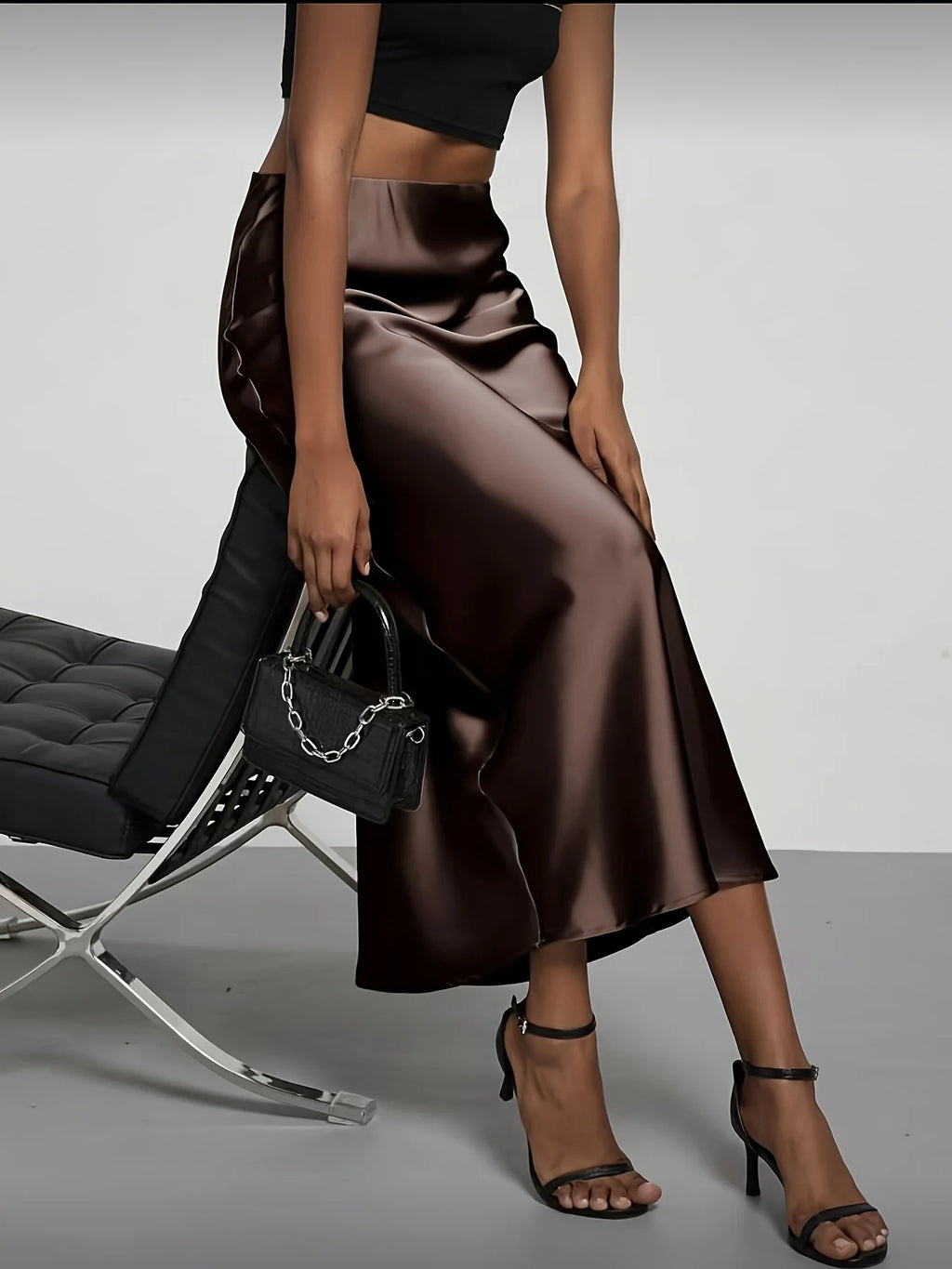 Satin High-Waist Midi Skirt
