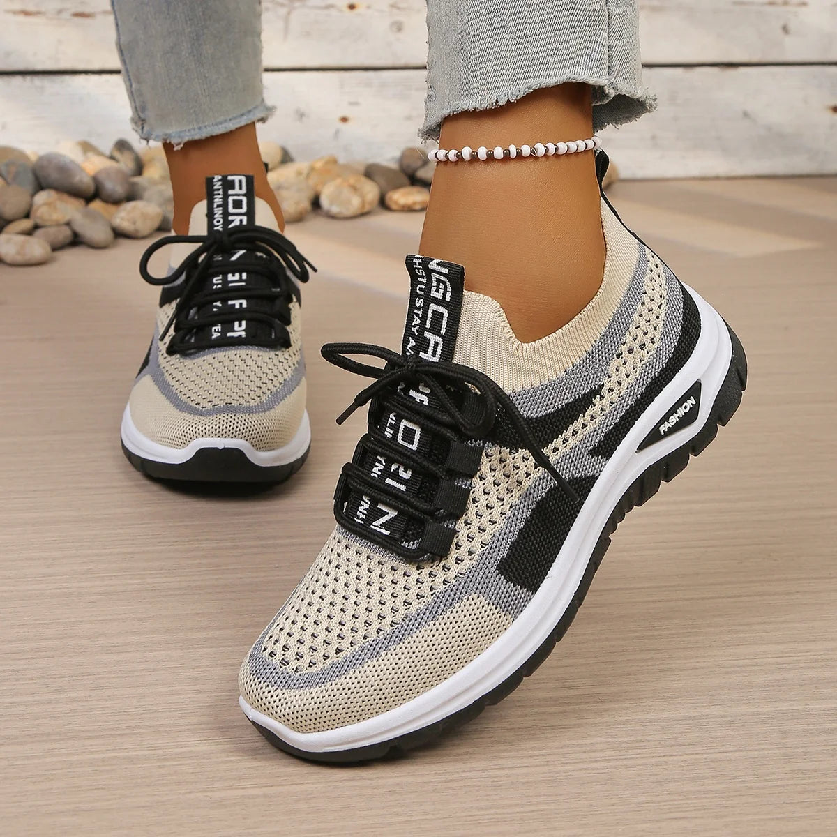Zapatillas de lona de dos tonos para mujer – Zapatos casuales de trabajo con cordones