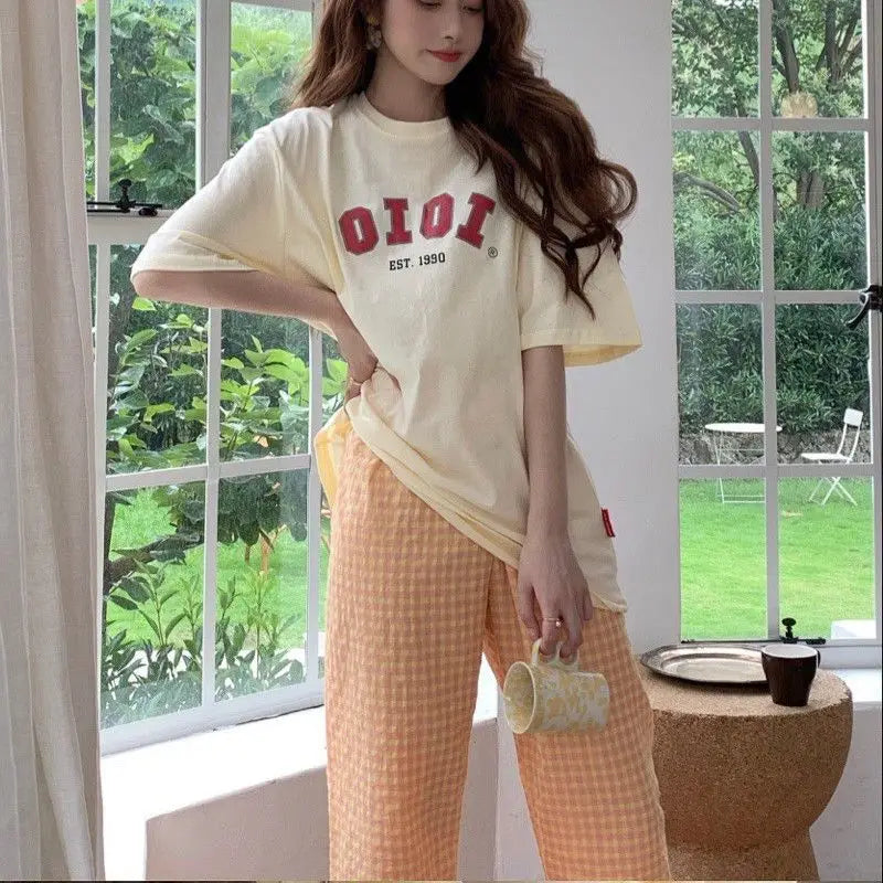 Pantalones de pijama a cuadros de nueve puntos para el hogar de verano, casuales, relajados, transpirables, finos, con cintura elástica para estudiantes femeninas
