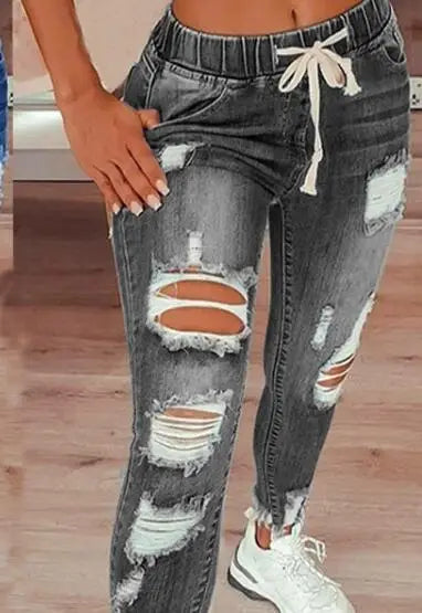 High-Waist Ripped Drawstring Pencil Jeans – 4 Colors