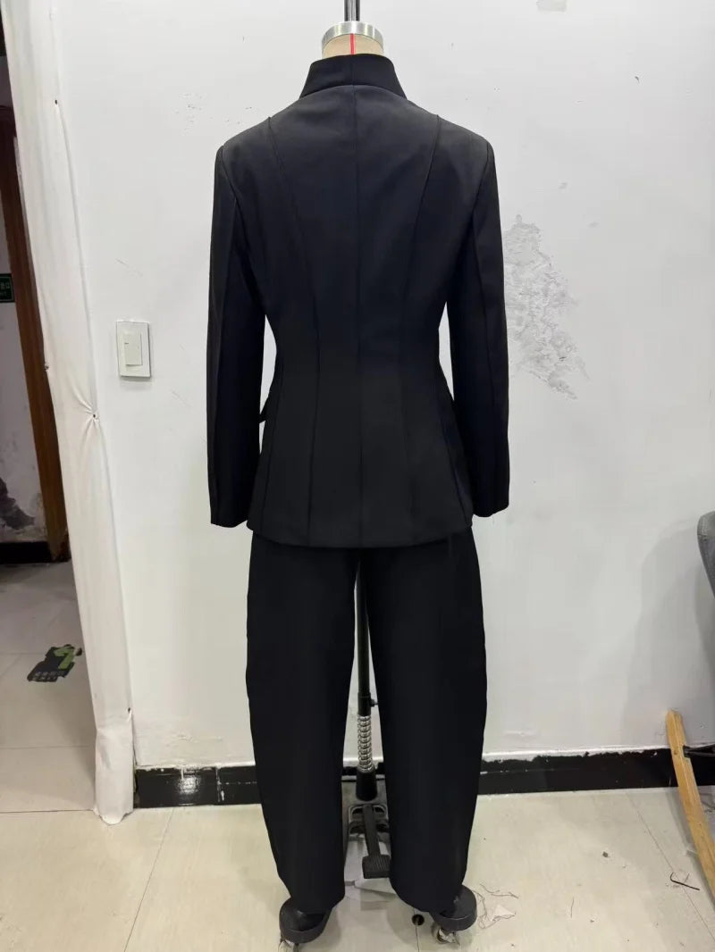 Women's High-Collar Slim Suit Jacket & Trousers Set