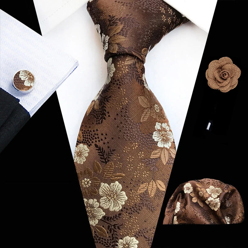 Floral Silk Necktie, Pocket Square & Cufflinks Set – Multiple Colors