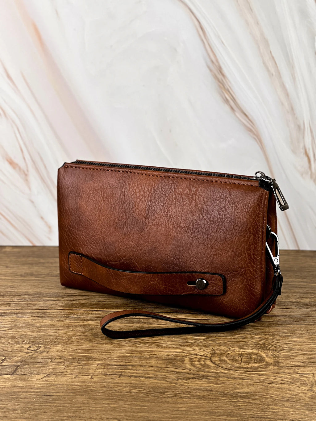 Retro PU Leather Clutch Bag — Large Capacity Double Compartment Zipper Wallet
