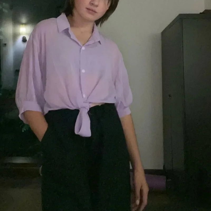 Women's Tied Waist Blouse - Bat Sleeve Button Front (S-XXL)