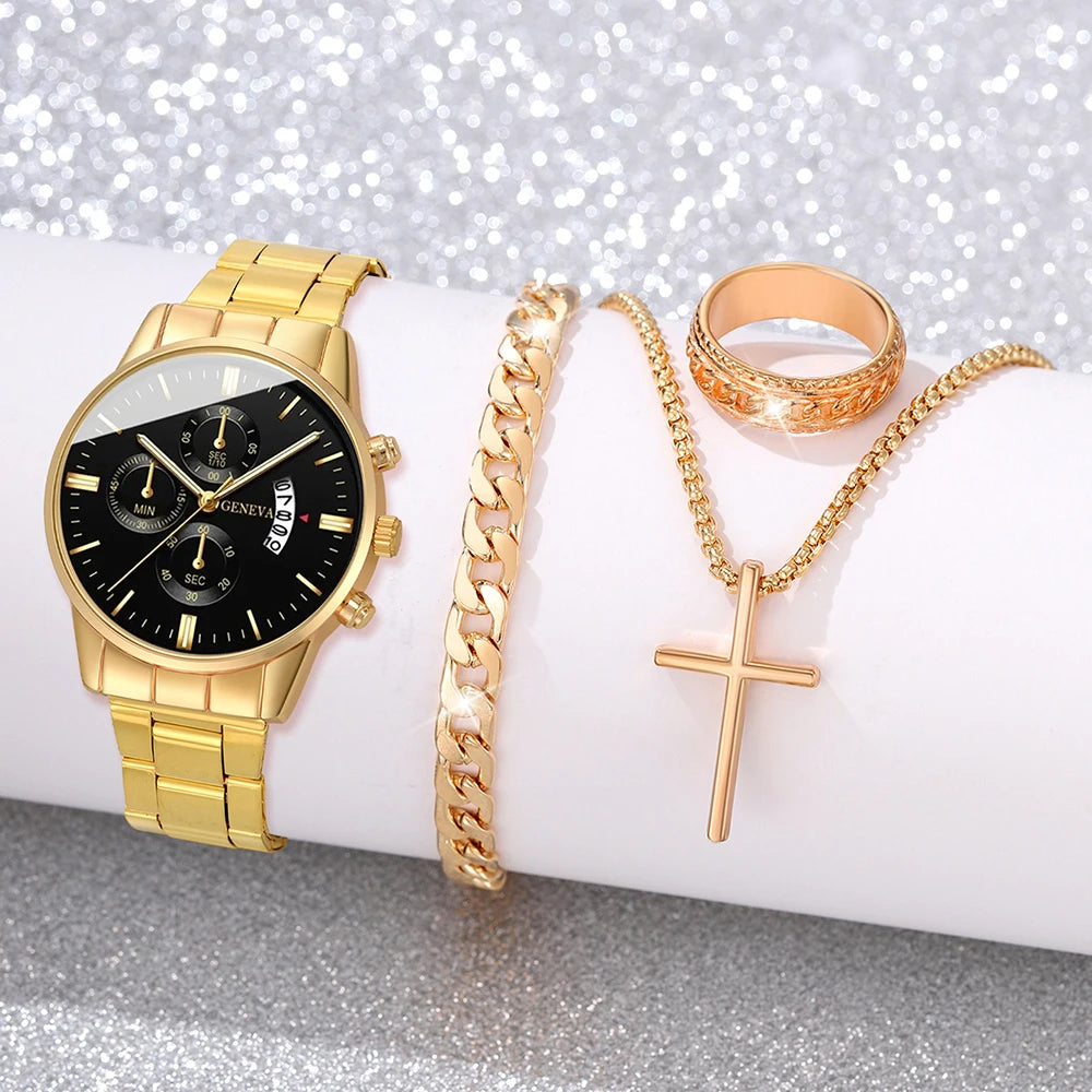 Men's Quartz Watch & Bracelet Gift Set – Calendar Chronograph-Style Dial