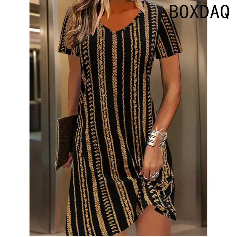 Vestido de mujer de verano de manga corta con cuello redondo, casual, holgado, línea A, talla grande 3XL, estampado 3D a rayas, elegante, vintage