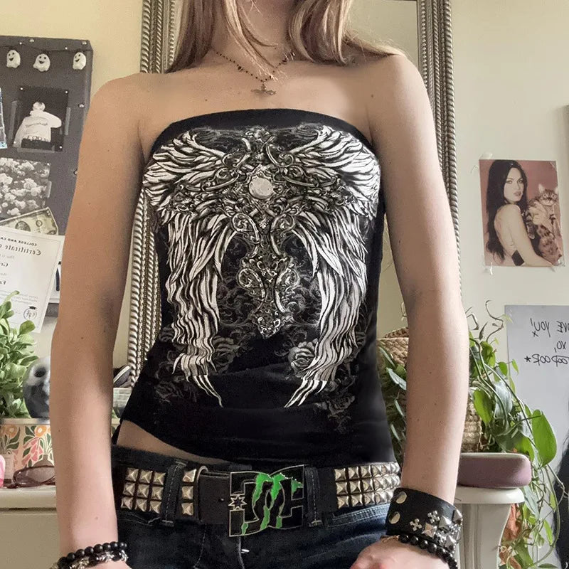 Gothic Graphic Strapless Tube Top – Y2K Cropped Vest for Women