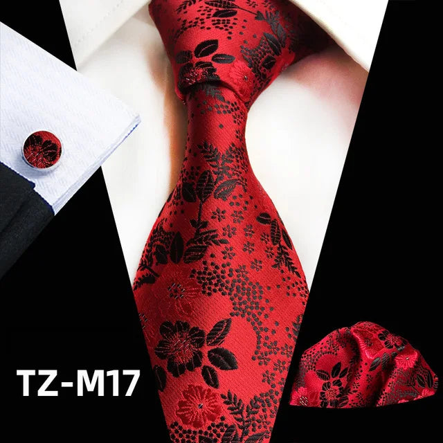 Floral Silk Necktie, Pocket Square & Cufflinks Set – Multiple Colors