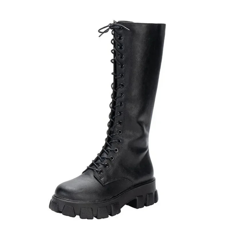 Botas de mujer a media pantorrilla, zapatos acolchados, zapatillas de invierno hasta la rodilla, estilo punk militar, informales, blanco negro 2024, plataforma de lujo para mujer