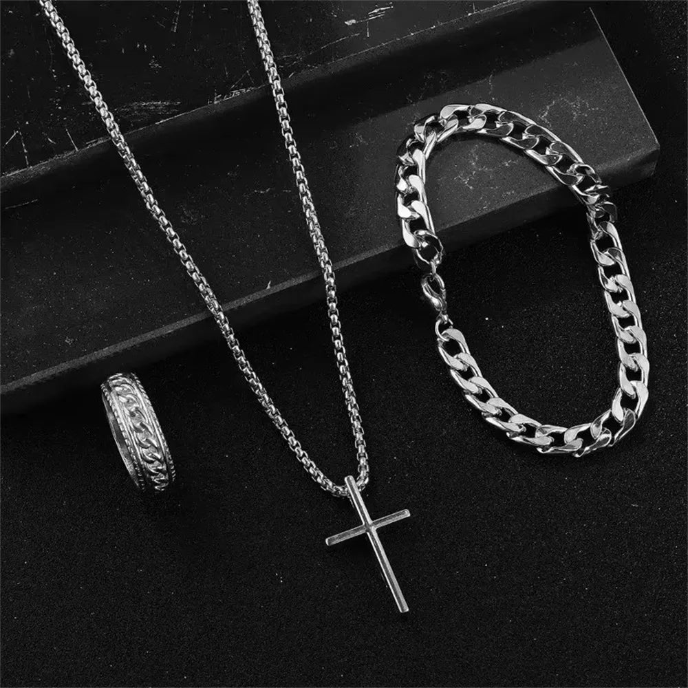 Punk Cross Pendant Necklace, Bracelet & Ring Set | 3-Piece Hip Hop Jewelry