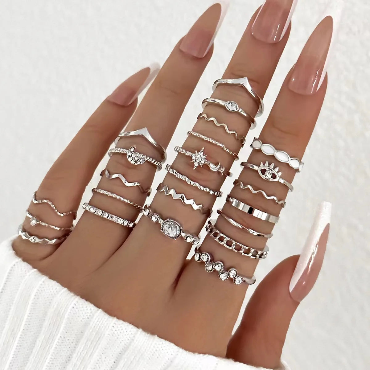 23-Piece Luxury Zircon Wave Ring Set for Women | Multi-Element Daily Wear