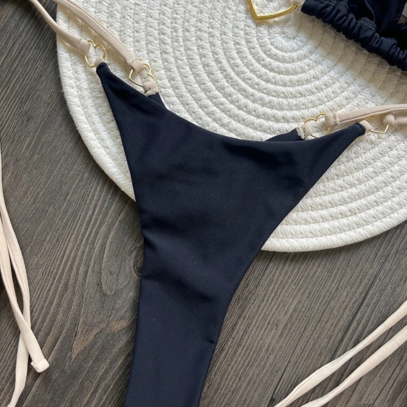 Low-Rise Lace-Up Bikini Set – Solid Color Two-Piece Swimsuit