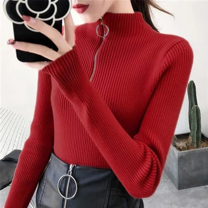 Half-Zip Mock Neck Slim Knit Sweater – 12 Colors