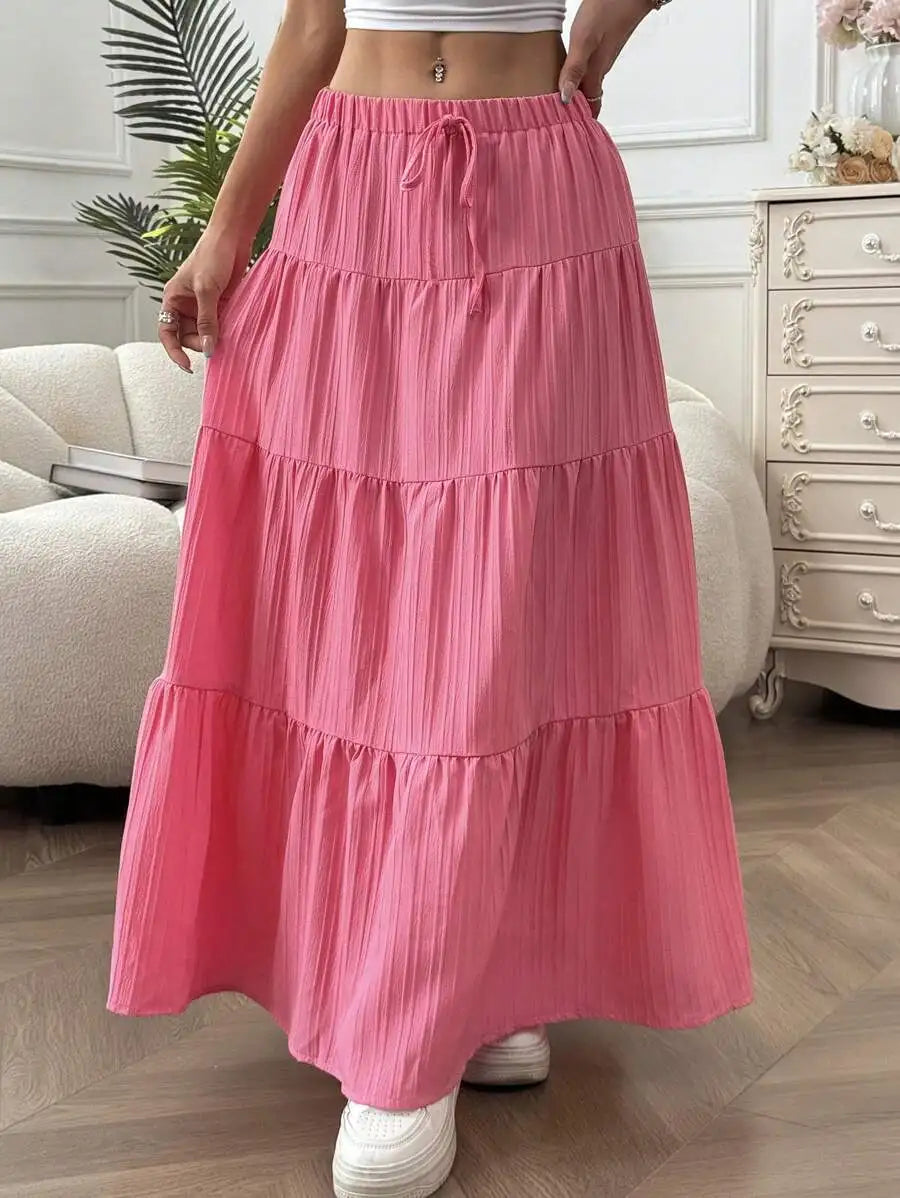 Tie-Strap Pleated Flared Maxi Skirt