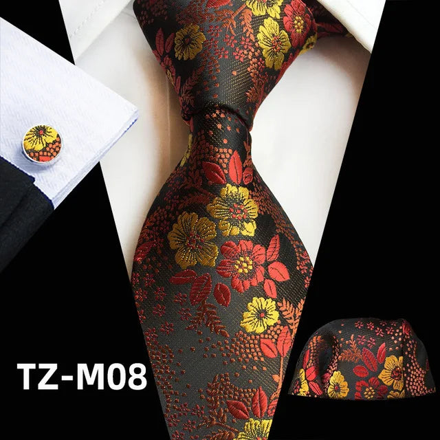 Floral Silk Necktie, Pocket Square & Cufflinks Set – Multiple Colors