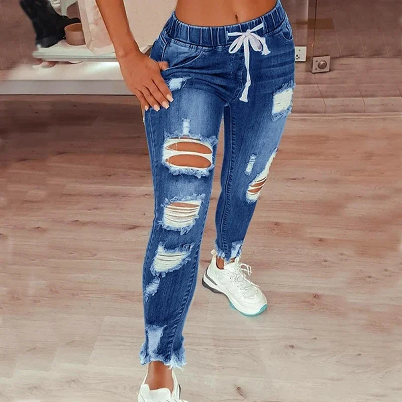 High-Waist Ripped Drawstring Pencil Jeans – 4 Colors