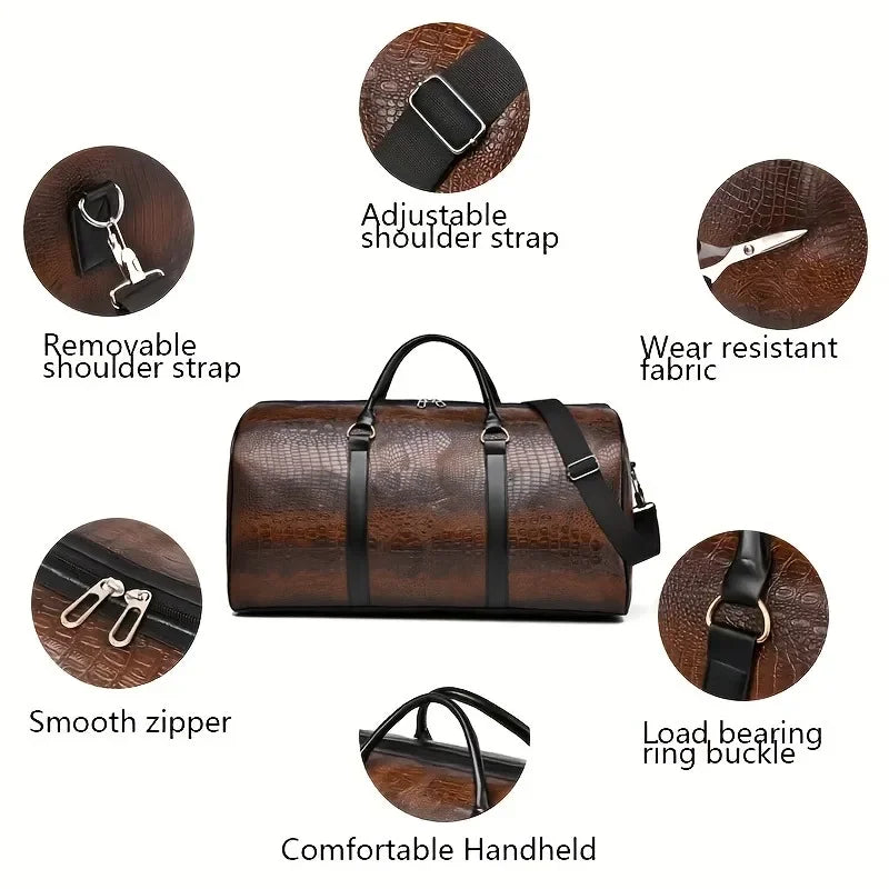Retro Crocodile-Textured PU Leather Travel Duffel Bag