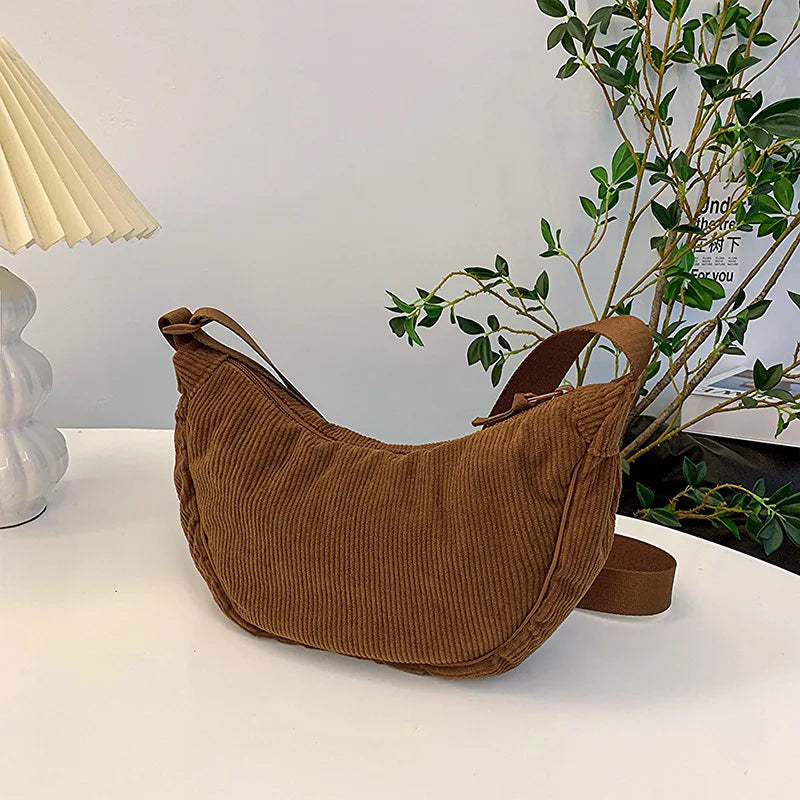 Corduroy Hobo Shoulder Bag — Retro Casual Crossbody Handbag for Daily & Travel Use