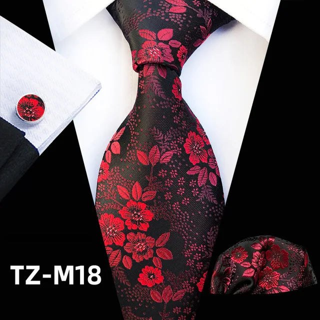 Floral Silk Necktie, Pocket Square & Cufflinks Set – Multiple Colors